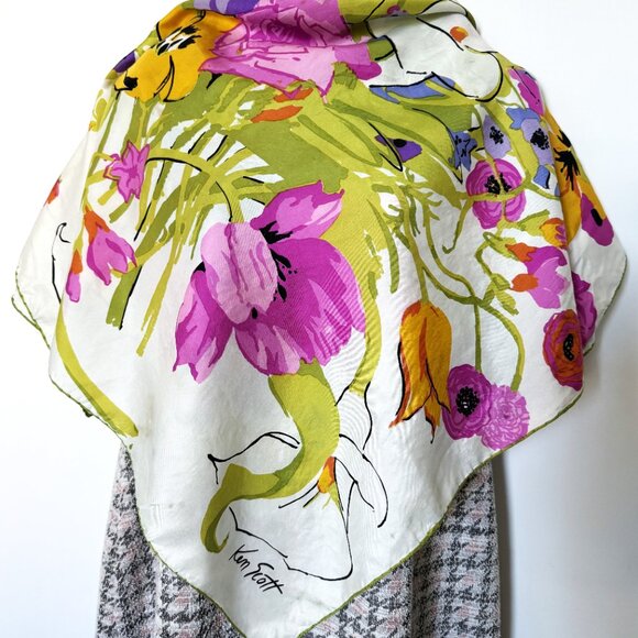 Ken Scott Scarf Women's White Flower Hand-stitched 33" - Picture 6 of 10